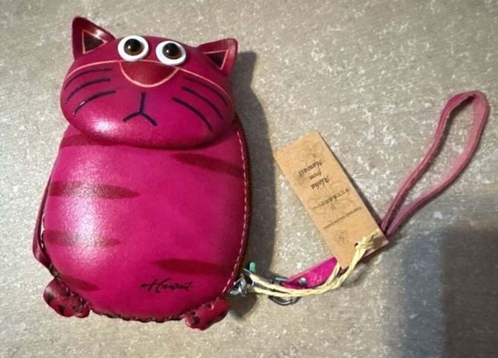 Handmade Leather Fat Cat Coin Purse Wristlet Pink